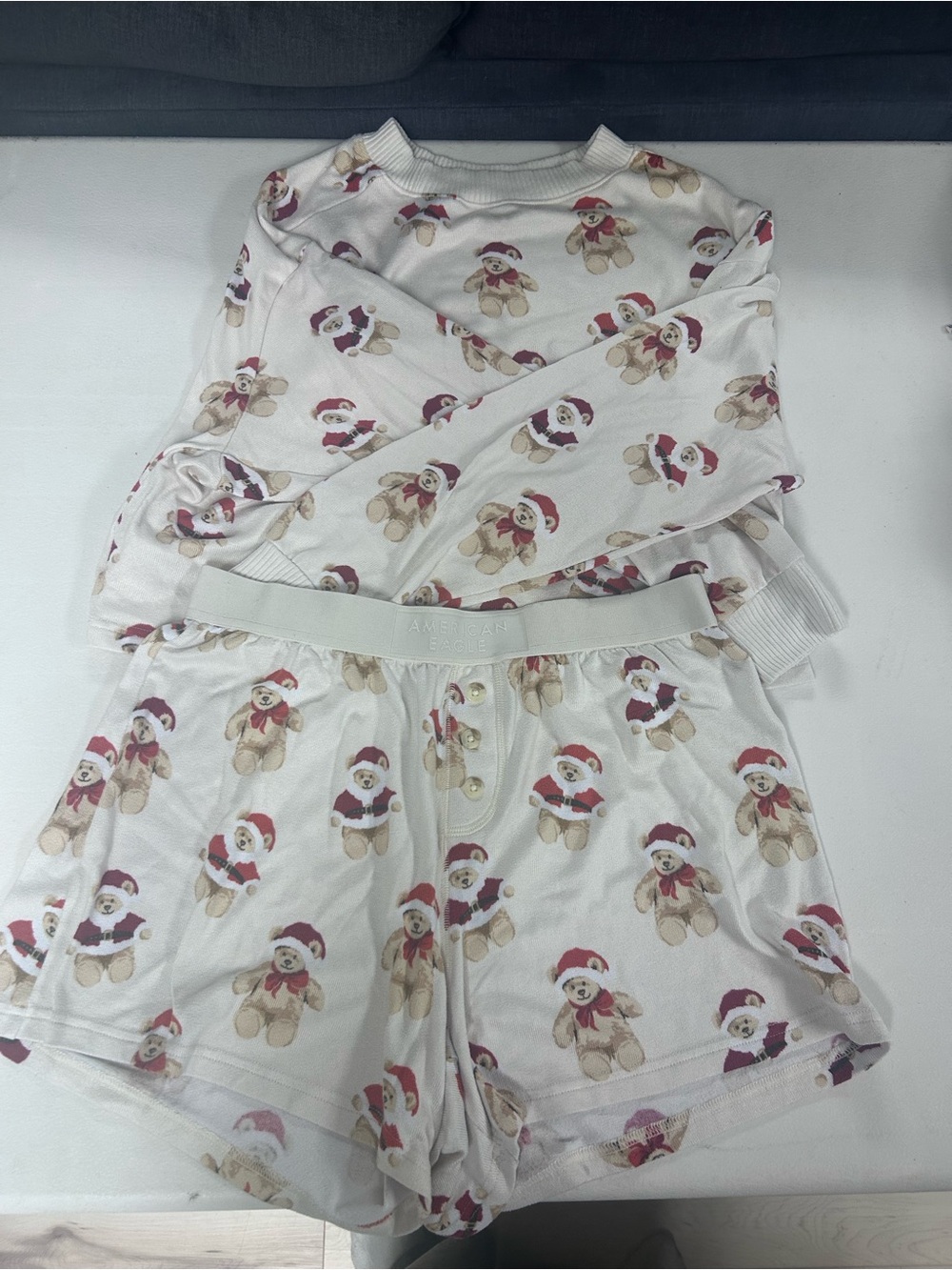 Girls' White Teddy Bear Print Pajama Set